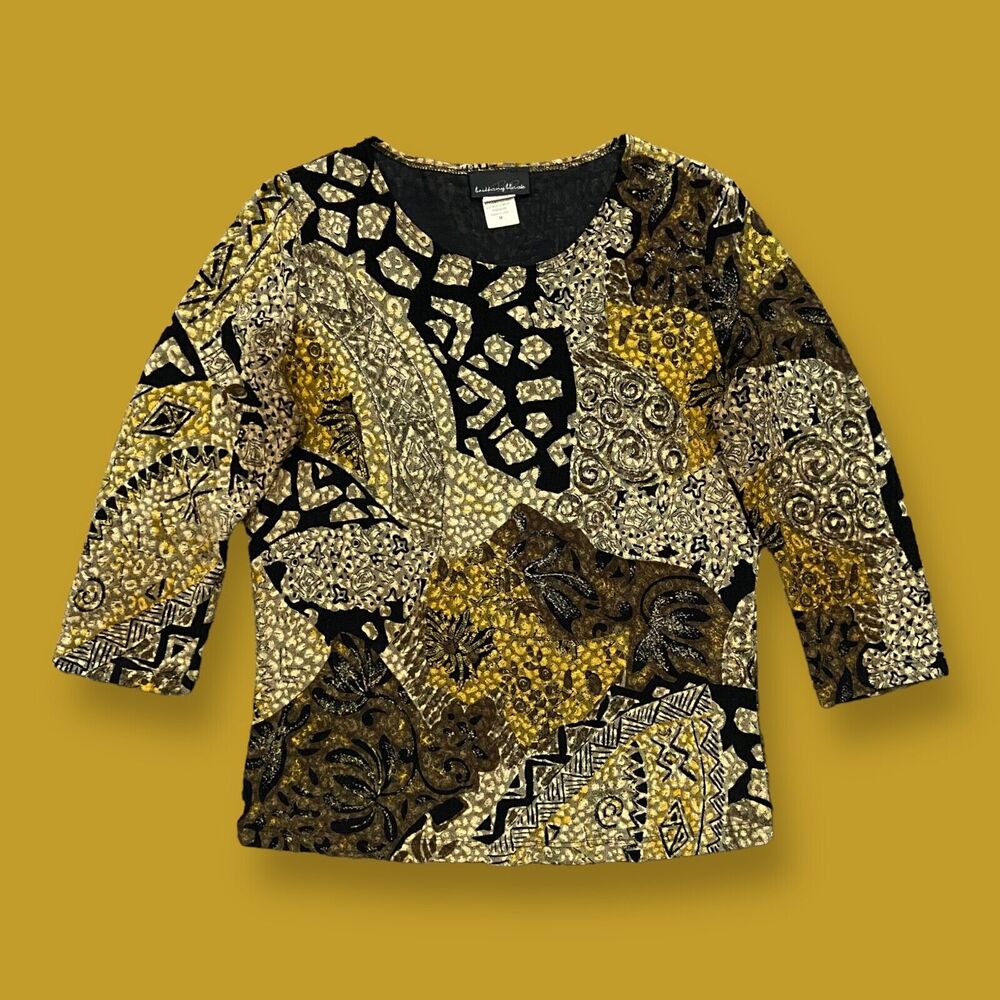 Vintage Safari Print Top Brittany Black 80s 90s Acetate Spandex Womens Medium